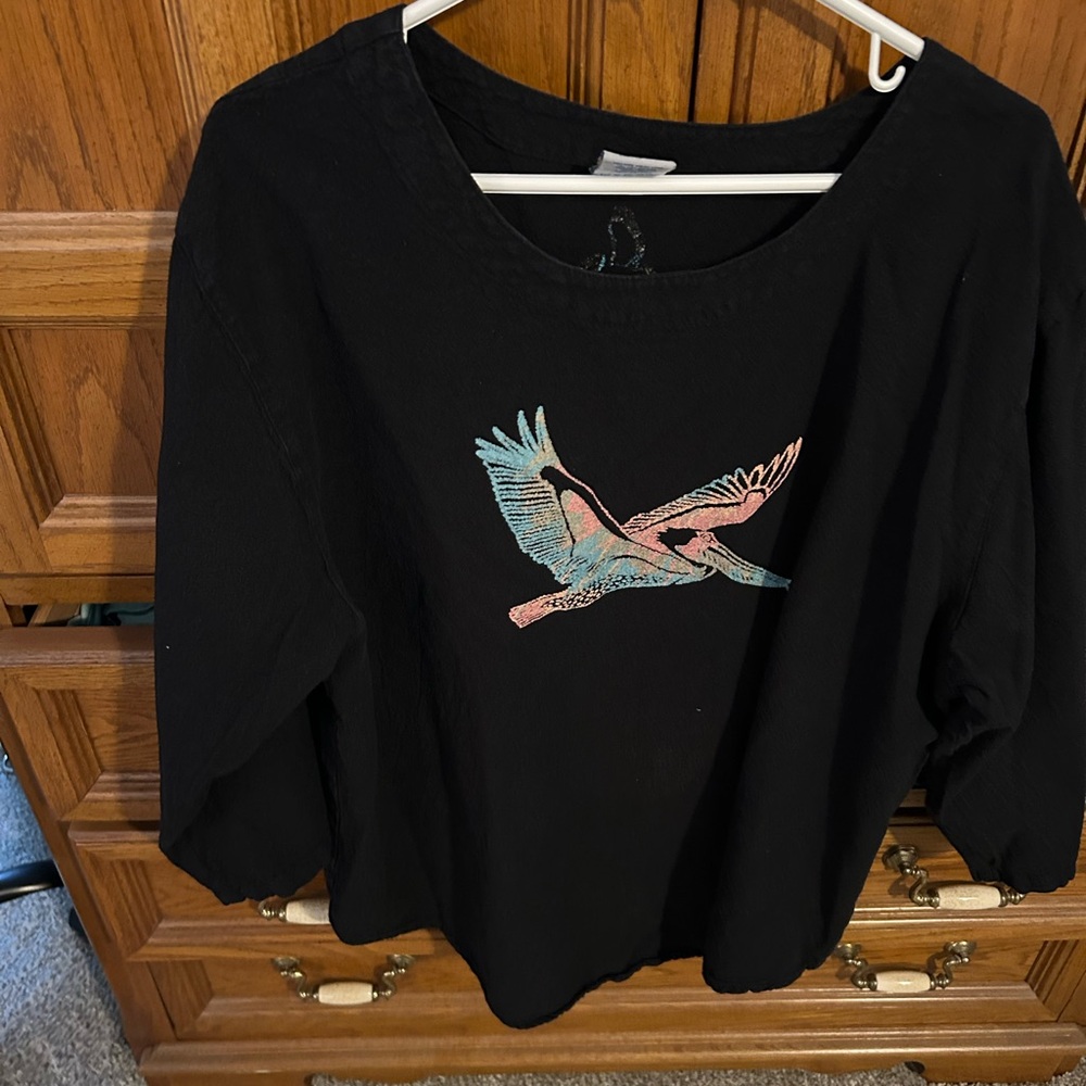 Black Pullover Top with Colorful Flying Pelican